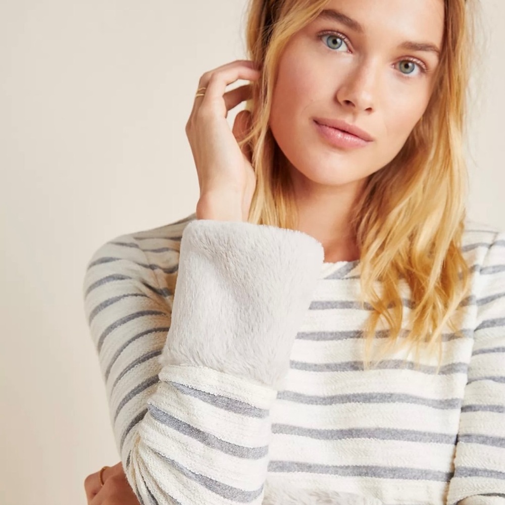 Maeve by Anthropologie Astor Faux Fur Trimmed Striped Pullover Top - Picture 3 of 12